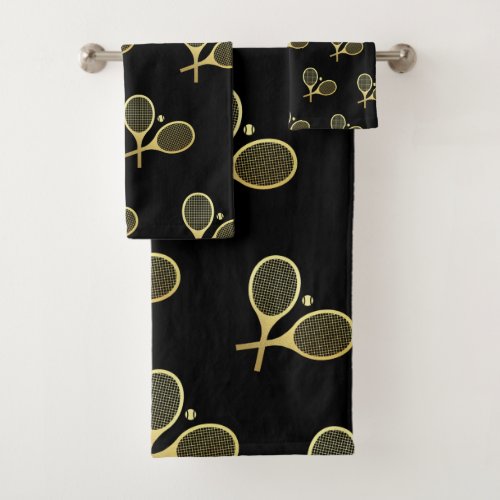 Gold Elegant Chic Classic Tennis Racquets Black Bath Towel Set
