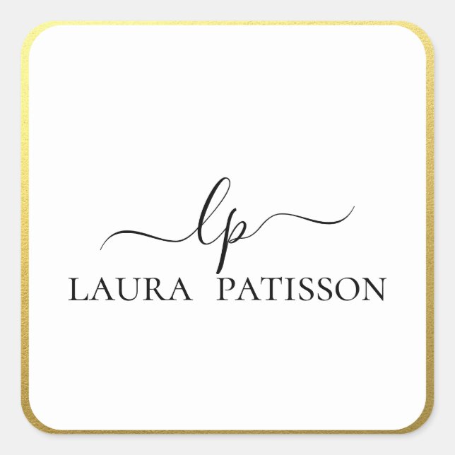 Gold elegant chic script with monogram square sticker (Front)
