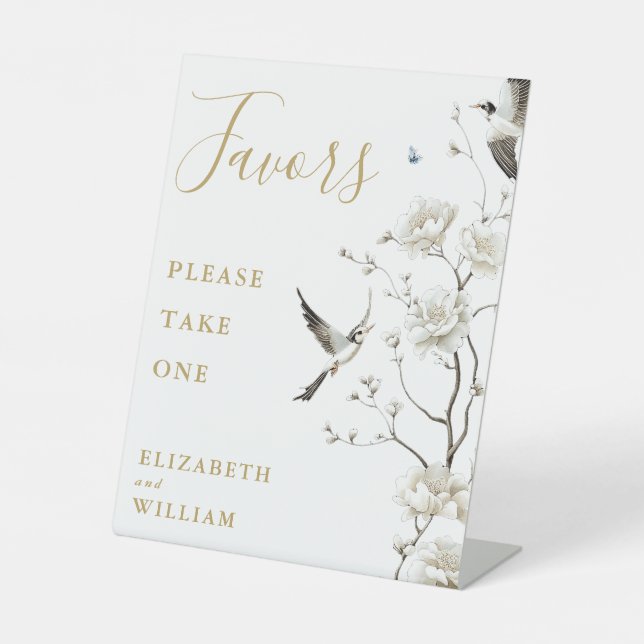 Gold Elegant Chinoiserie Floral Favors Wedding Pedestal Sign (Front)