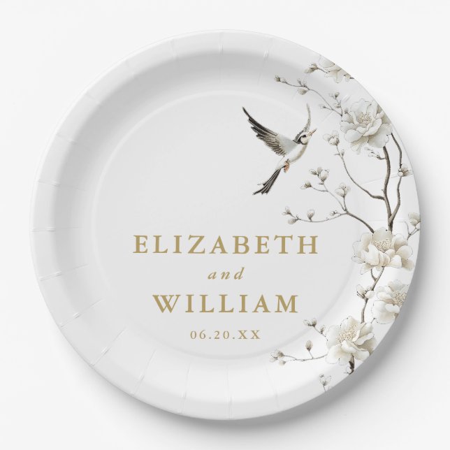 Gold Elegant Chinoiserie Floral Garden Wedding Paper Plates (Front)
