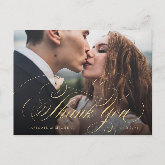 Gold elegant classic calligraphy photo thank you postcard (Front)