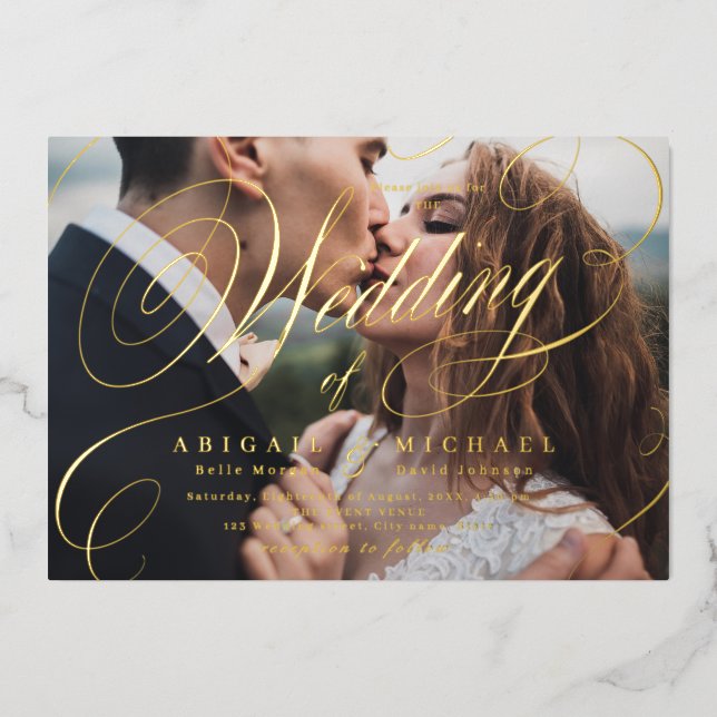 Gold elegant classic calligraphy photo wedding foil invitation (Front)