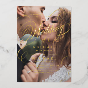 Gold elegant classic calligraphy photo wedding foil invitation
