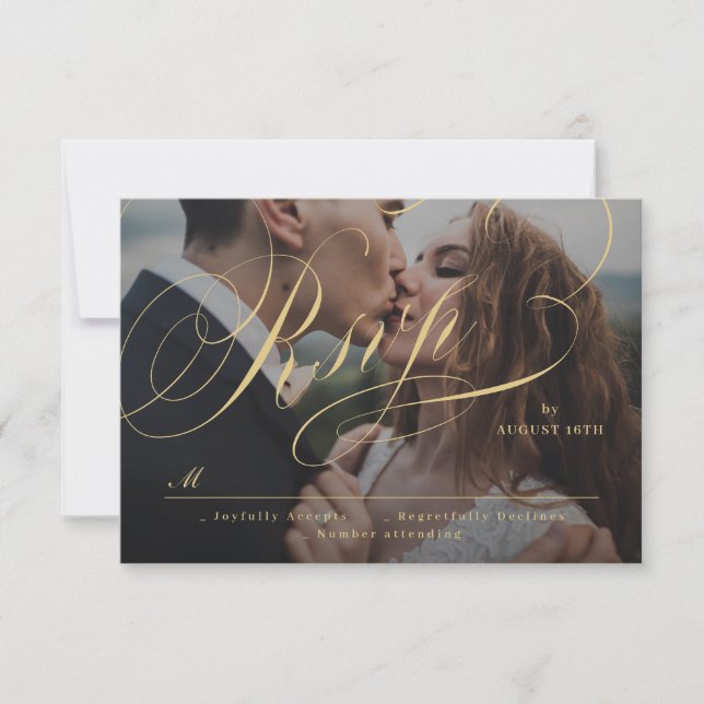 Gold elegant classic calligraphy photo wedding RSVP card (Front)