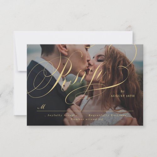 Gold elegant classic calligraphy photo wedding RSVP card