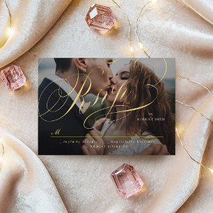 Gold elegant classic calligraphy photo wedding RSVP card