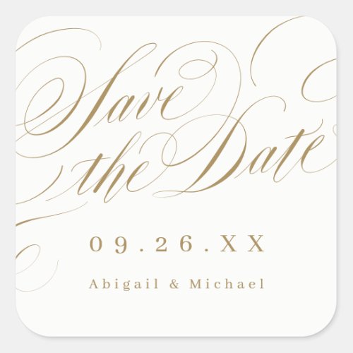 Gold elegant classic calligraphy save the date square sticker