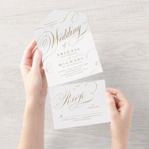 Gold elegant classic calligraphy vintage wedding all in one invitation