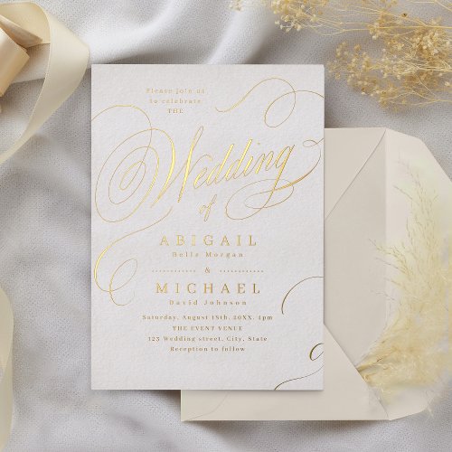 Gold elegant classic calligraphy vintage wedding foil invitation