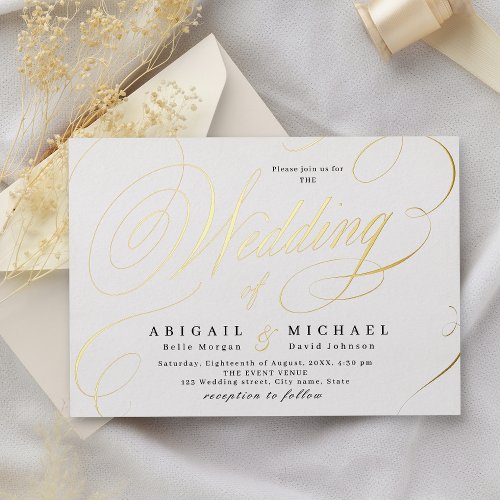 Gold elegant classic calligraphy vintage wedding foil invitation