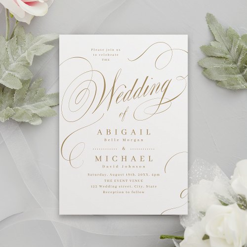 Gold elegant classic calligraphy vintage wedding i invitation