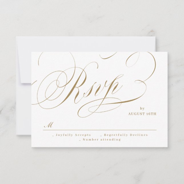 Gold elegant classic calligraphy vintage wedding RSVP card (Front)