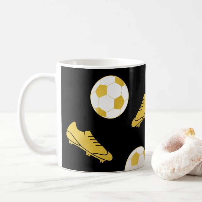 Gold Elegant Classic Soccer Cleats Ball Black Coffee Mug (With Donut)