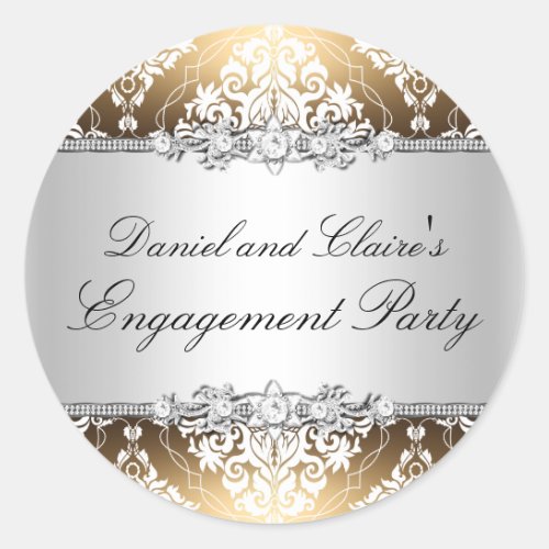 Gold Elegant Damask Engagement Party Sticker
