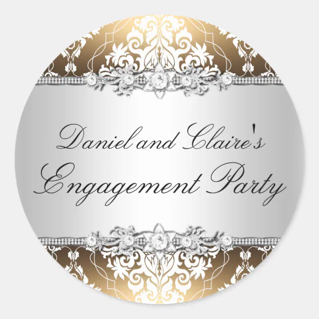Gold Elegant Damask Engagement Party Sticker Zazzle