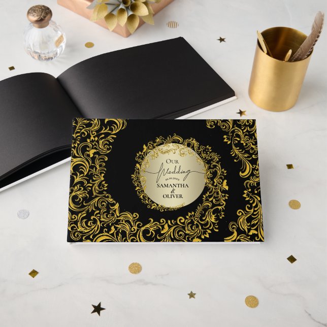 Gold Elegant Damask Wedding Guest Book (Front Open)