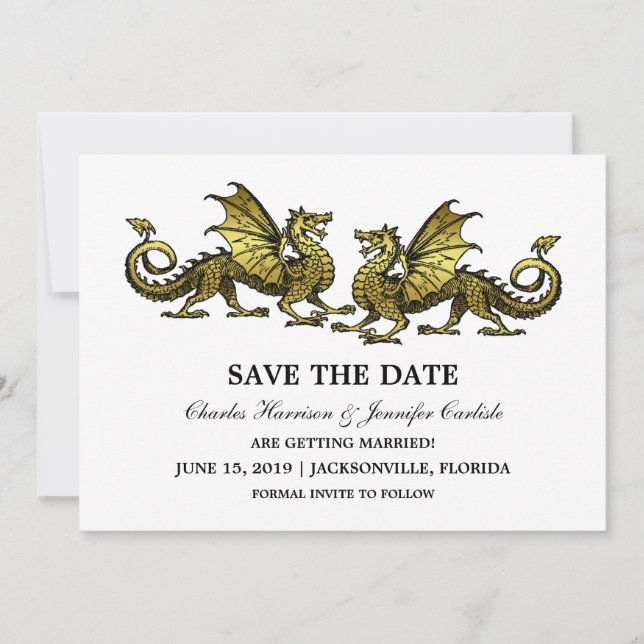 Gold Elegant Dragons Save the Date Invite (Front)