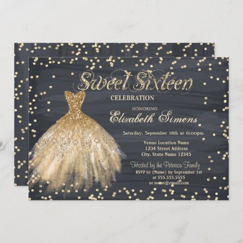 Gold Elegant Dress Diamonds Black Sweet 16 Invitation