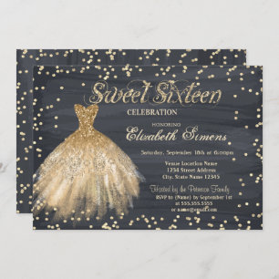 Gold Elegant Dress Diamonds Black Sweet 16 Invitation