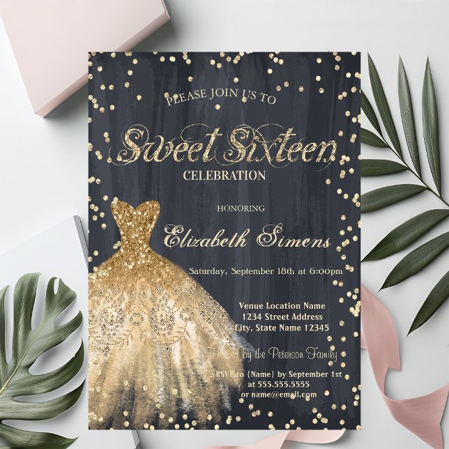 Gold Elegant Dress Diamonds Black Sweet 16 Invitation (Creator Uploaded)