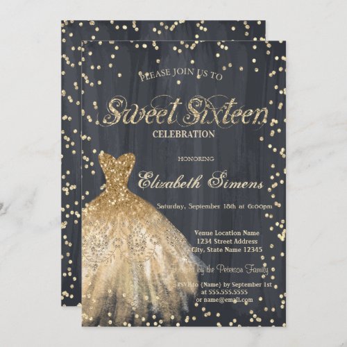 Gold Elegant Dress Diamonds Black Sweet 16 Invitation