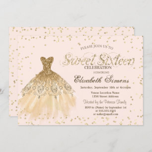 Gold Elegant Dress Diamonds Cream Sweet 16 Invitation