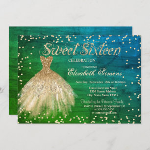 Gold Elegant Dress Diamonds Green Sweet 16 Invitation