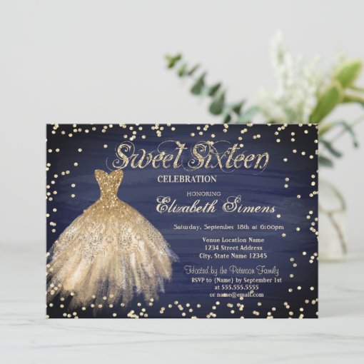 Gold Elegant Dress Diamonds Navy Blue Sweet 16 Invitation Zazzle