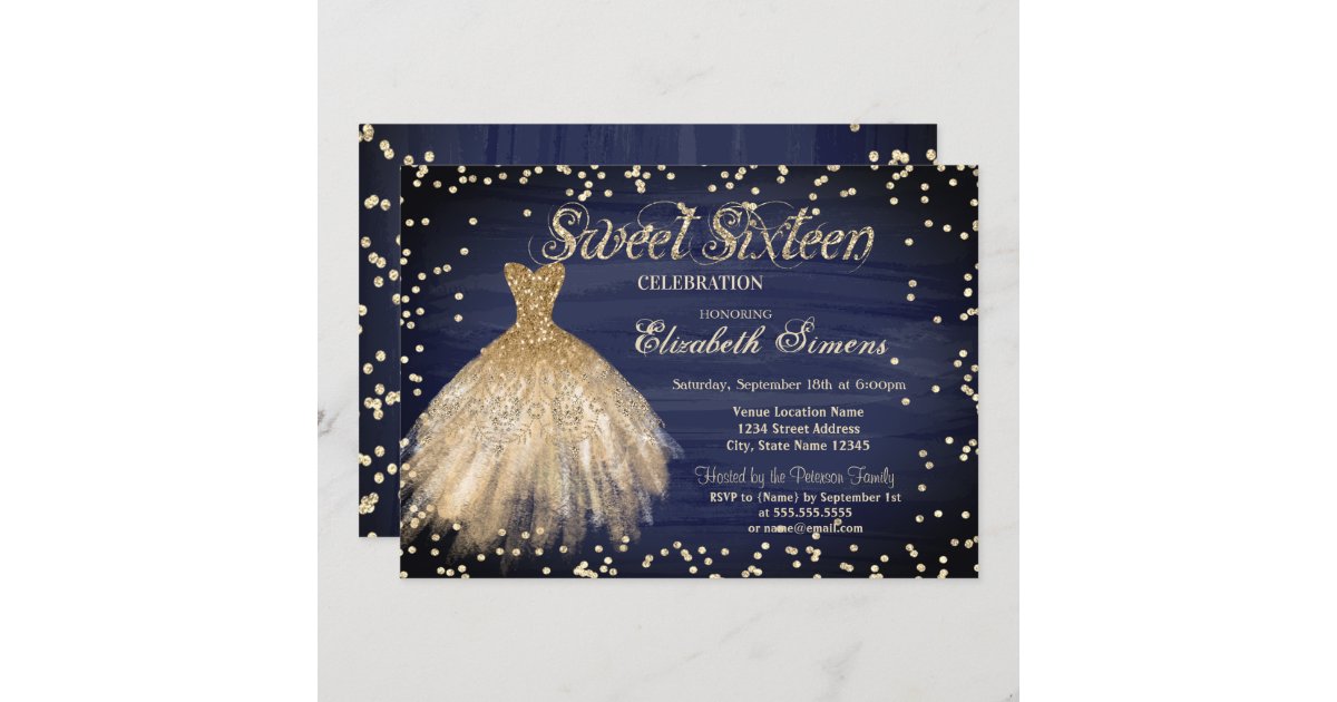 Gold Elegant Dress Diamonds Navy Blue Sweet 16 Invitation Zazzle