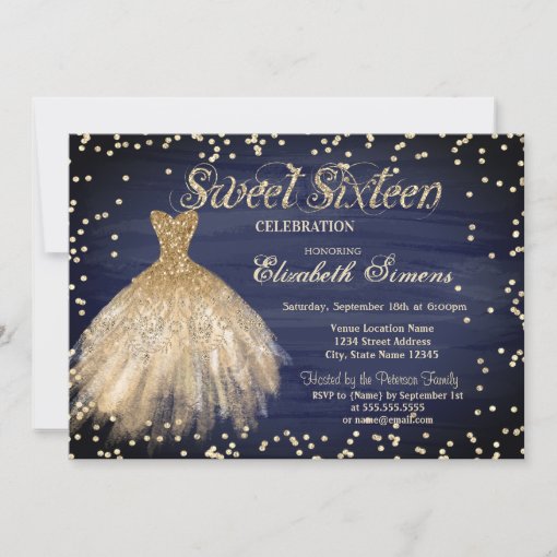 Gold Elegant Dress Diamonds Navy Blue Sweet 16 Invitation Zazzle