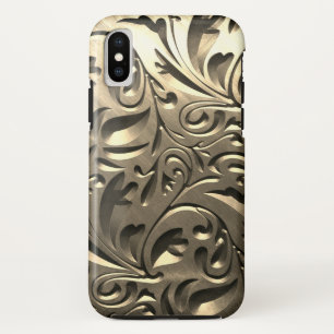 Gold elegant engraved metal look abstract iPhone XS case