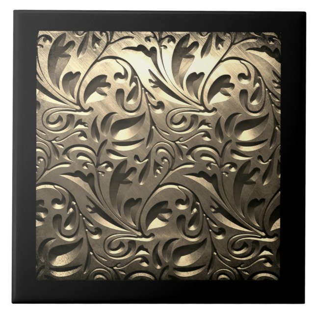 Gold elegant engraved metal look floral abstract ceramic tile (Front)