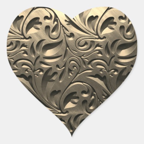 Gold elegant engraved metal look floral abstract heart sticker