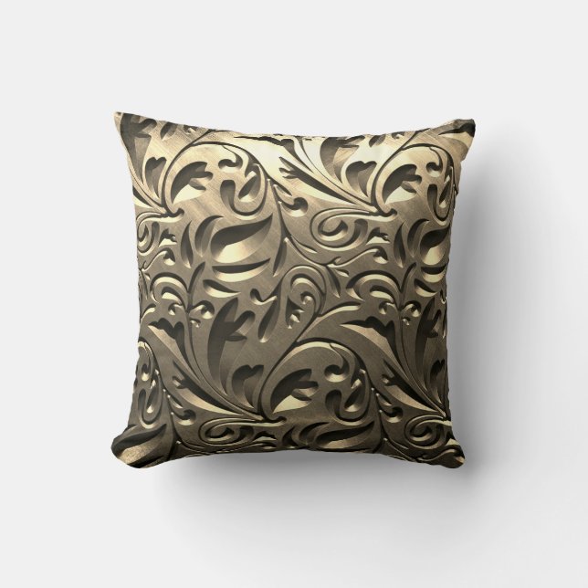 Gold elegant engraved metal look floral abstract throw pillow (Front)