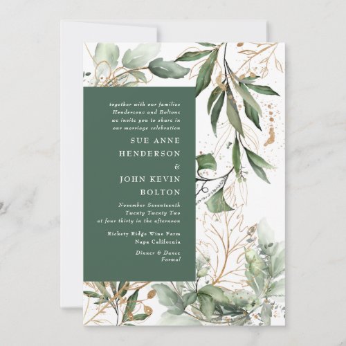 Gold Elegant Eucalyptus Greenery Boho Emerald Fall Invitation