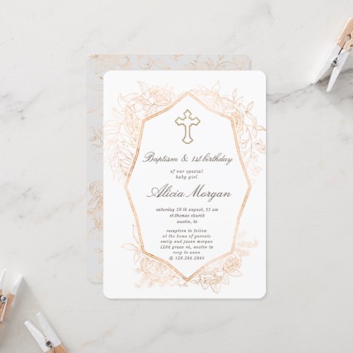 Gold Elegant Floral Baptism First Birthday Invitation