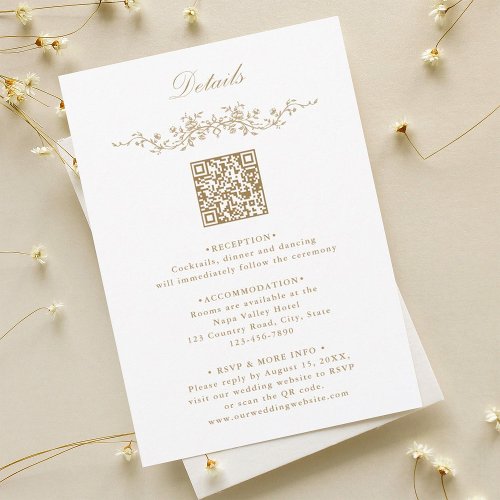 Gold Elegant Floral Border QR Code Wedding Details Enclosure Card