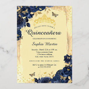 Gold Elegant Floral Butterfly Navy Quinceanera Foil Invitation
