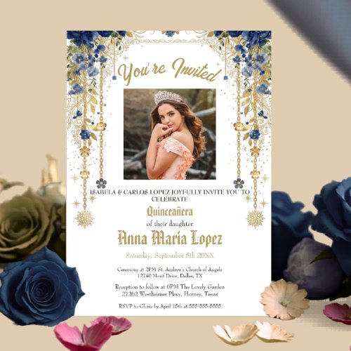 Gold Elegant Floral Photo Mis Quince Quinceañera Invitation