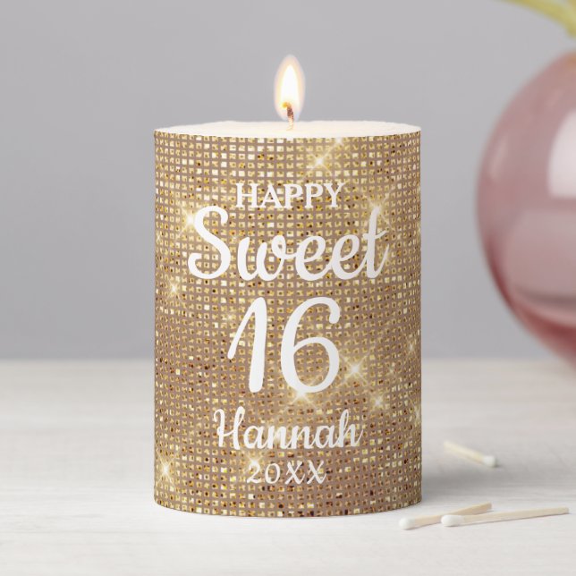 Gold Elegant Girl Birthday Sweet 16 Pillar Candle (In Situ)