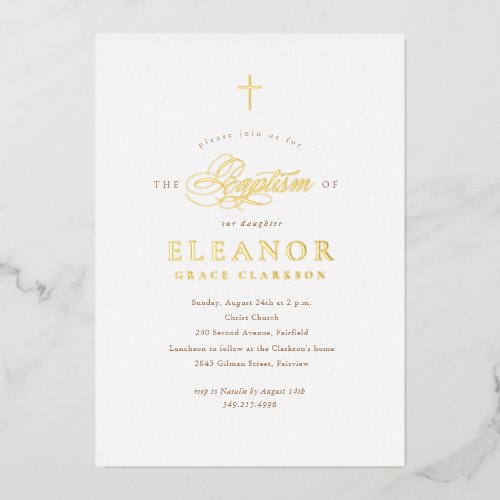 Gold Elegant Gold Cross Calligraphy Baptism Foil Invitation