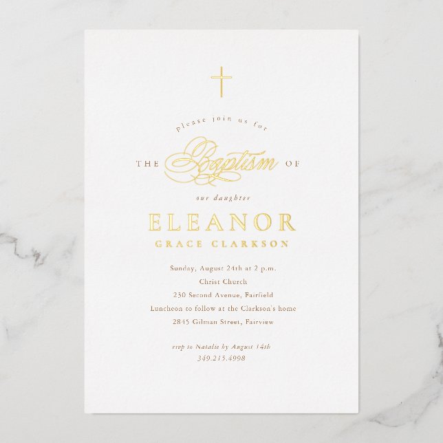 Gold Elegant Gold Cross Calligraphy Baptism Foil Invitation (Front)