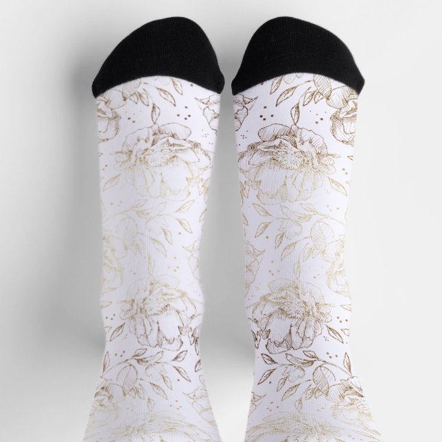 Gold Elegant Hand Drawn Florals Wedding Gift Socks (Top)