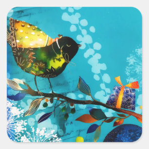 Gold Elegant Happy Songbird Wishes Watercolor Square Sticker