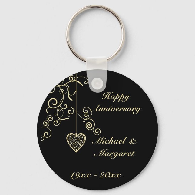 Gold Elegant Heart Wedding Anniversary Keychain (Front)