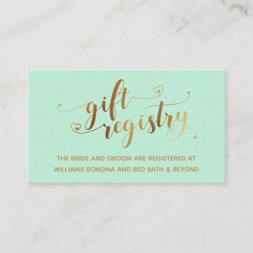 Gold Elegant Hearts Script on Mint Gift Registry Enclosure Card