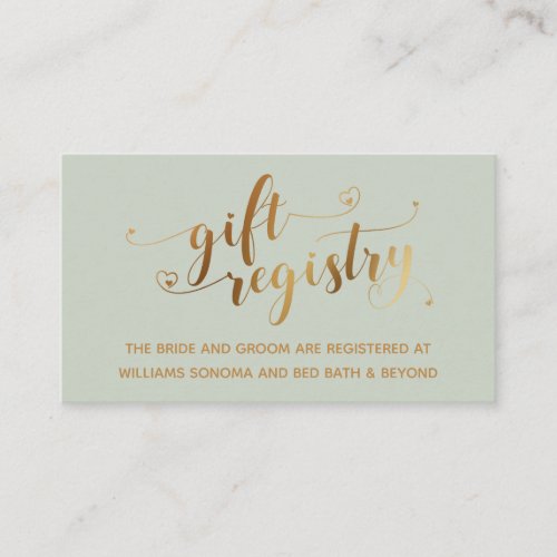 Gold Elegant Hearts Script Sage Gift Registry Enclosure Card