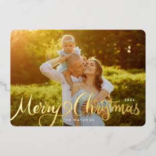 Gold Elegant Lettering Merry Christmas Photo Foil Holiday Card