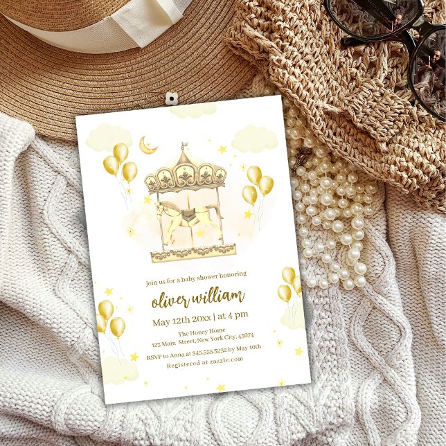 Gold Elegant Magical Balloon Carousel Baby Shower  Invitation (Gold Elegant Magical Balloon Carousel Baby Shower Invitation)
