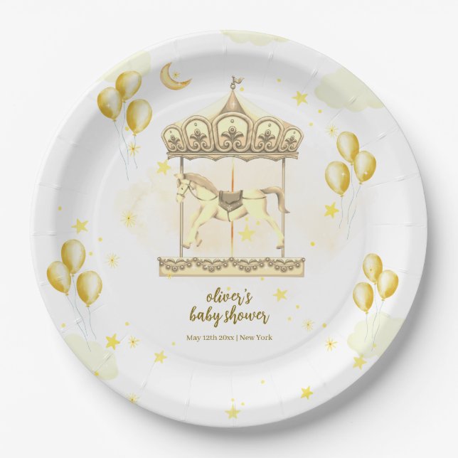 Gold Elegant Magical Balloon Carousel Baby Shower  Paper Plates (Front)